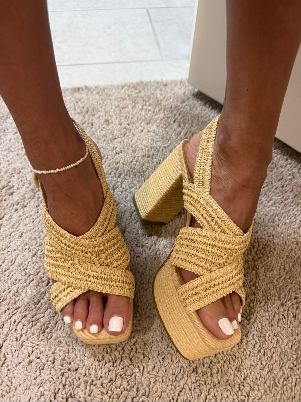 Woven Straw Block Heel Sandals - Natural